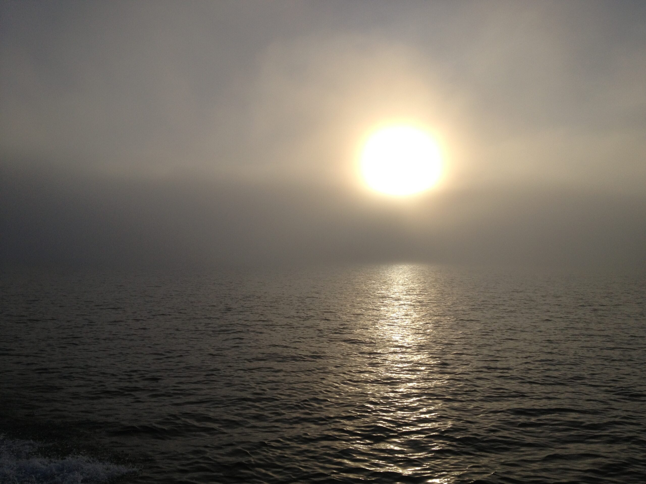 Photograph of the sun rising behind mist over the ocean