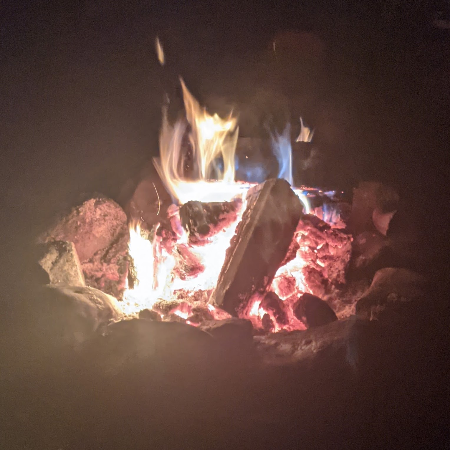 A campfire burning in the night